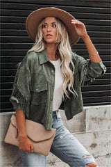 Tuck Fringe Faux Suede Jacket - Dusty Teal