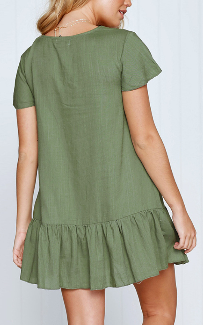 Solid Button Up Short Sleeve Dress