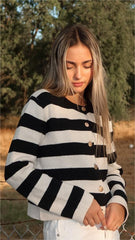 Black White Striped Knit Cardigan