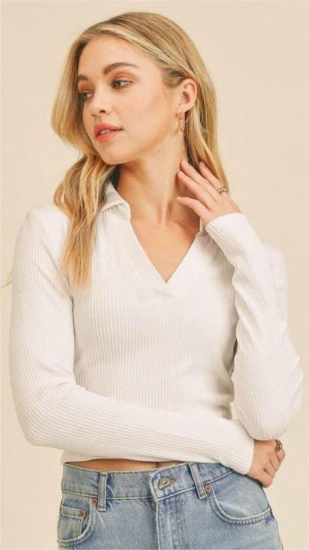 White Ribbed Knit Collared Top