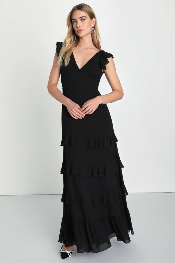 Black Solid Tiered Midi Dress