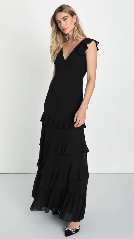 Black Solid Tiered Midi Dress