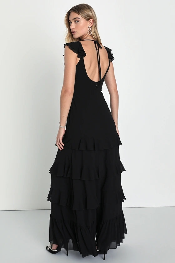 Black Solid Tiered Midi Dress