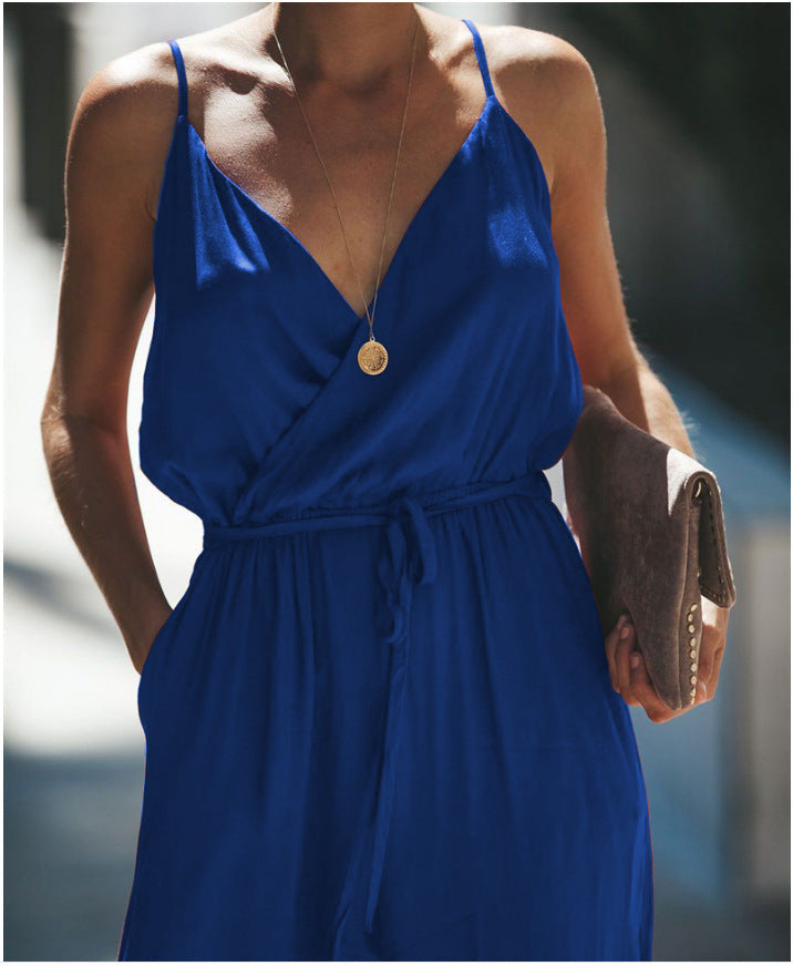 Royal Blue Surplice V Neck High Slits Jumpsuits