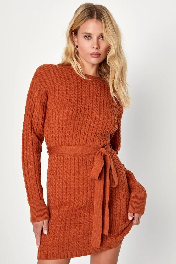 Orange Cable Knit Sweater Dress