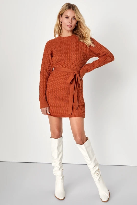Orange Cable Knit Sweater Dress