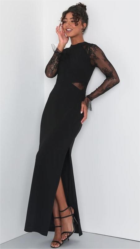 Black Lace Sleeves Midi Dress
