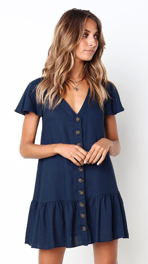 Solid Button Up Short Sleeve Dress