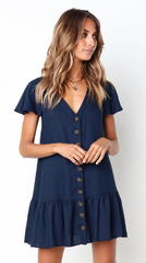 Solid Button Up Short Sleeve Dress