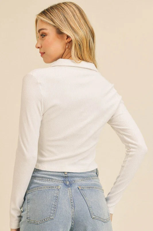 White Ribbed Knit Collared Top