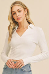 White Ribbed Knit Collared Top