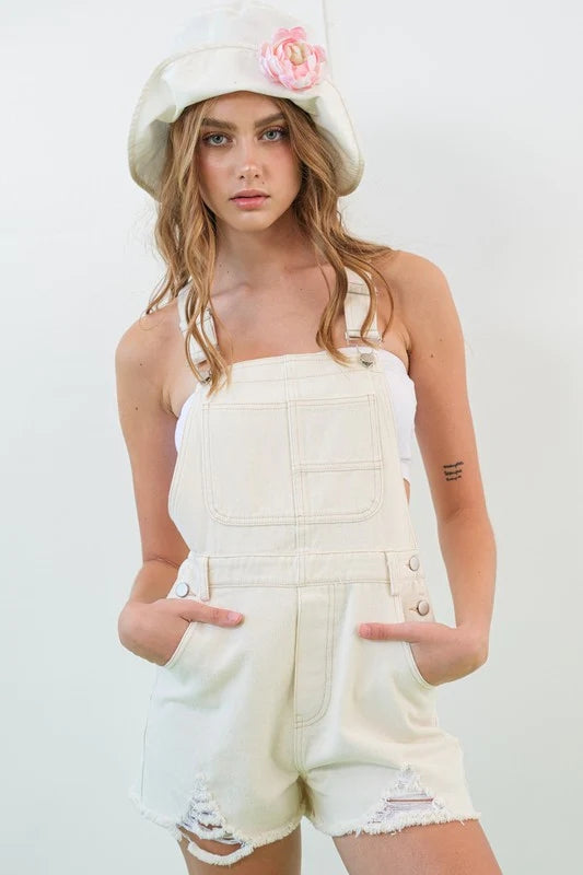 Cream Denim Distressed Shorts Overalls