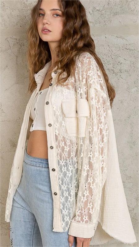 Beige Crochet Button Down Shirt