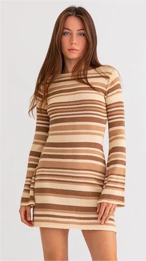 Camel Striped Knit Mini Dress