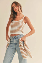 Khaki Striped Knit Tank Crop Top