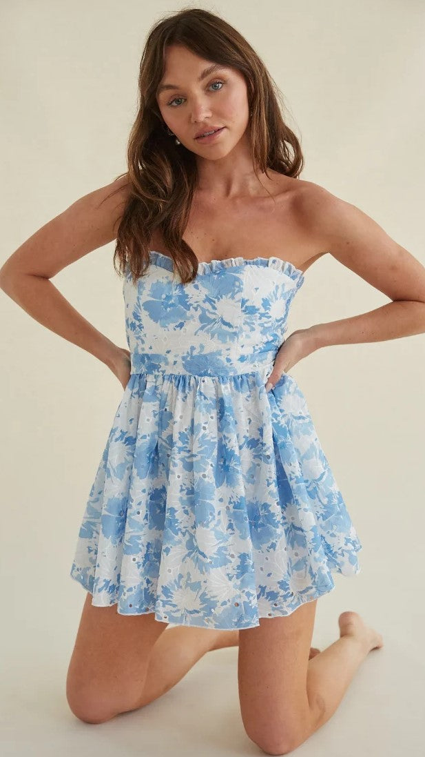 Blue Floral Strapless Mini Dress