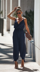 Navy Surplice V Neck High Slits Jumpsuits