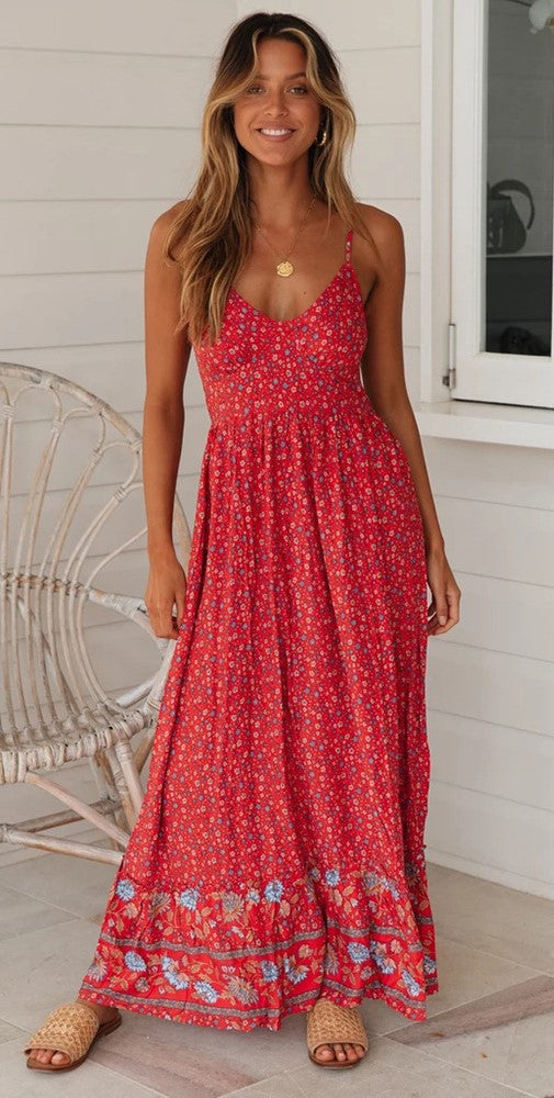 Red Floral Spaghetti Straps Rayon Dress