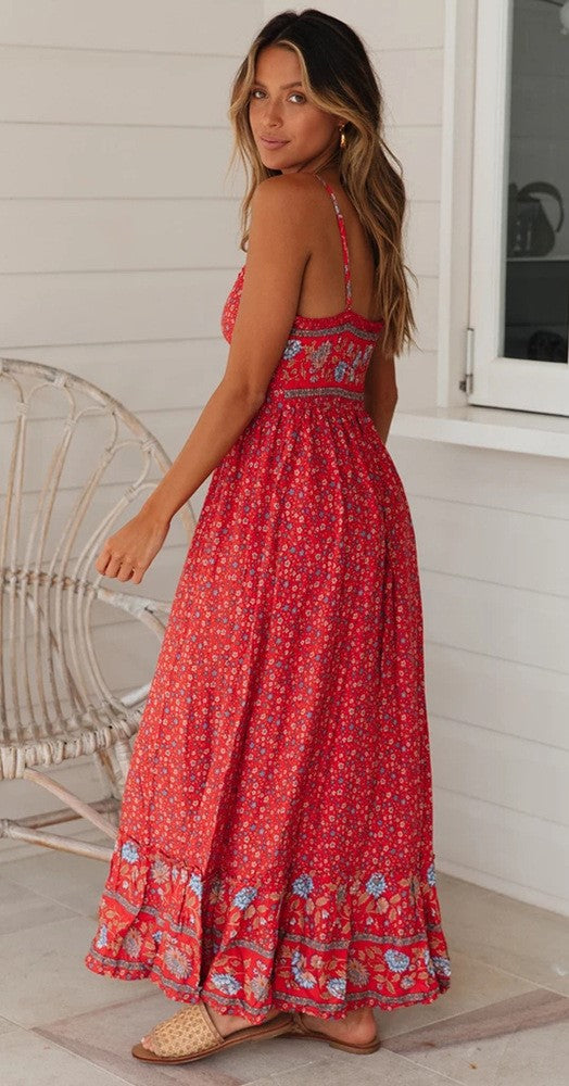 Red Floral Spaghetti Straps Rayon Dress