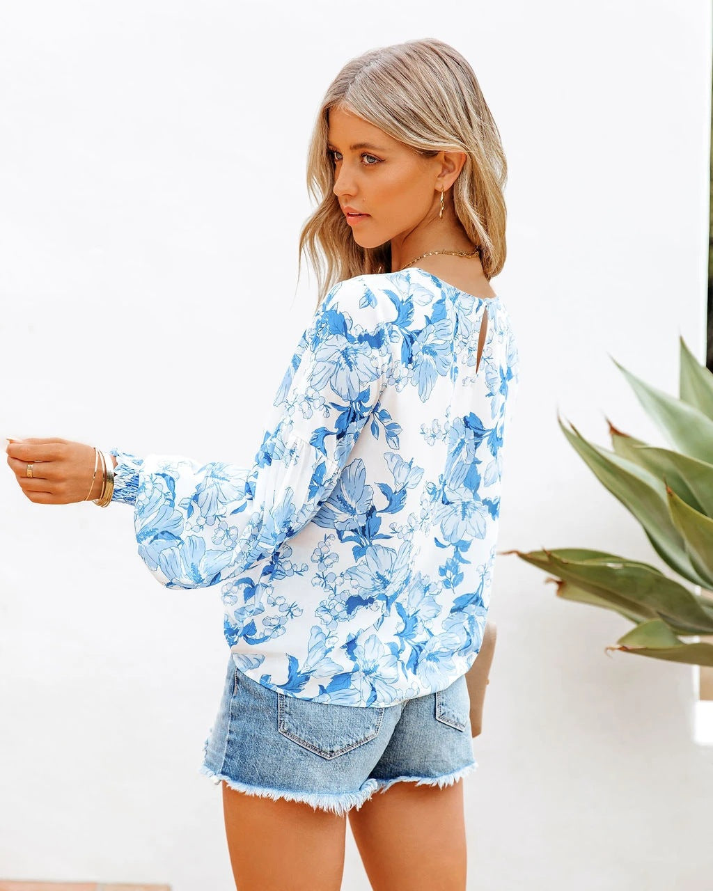 Blue Floral Long Sleeves Chiffon Blouse