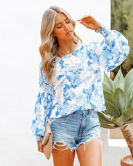 Blue Floral Long Sleeves Chiffon Blouse