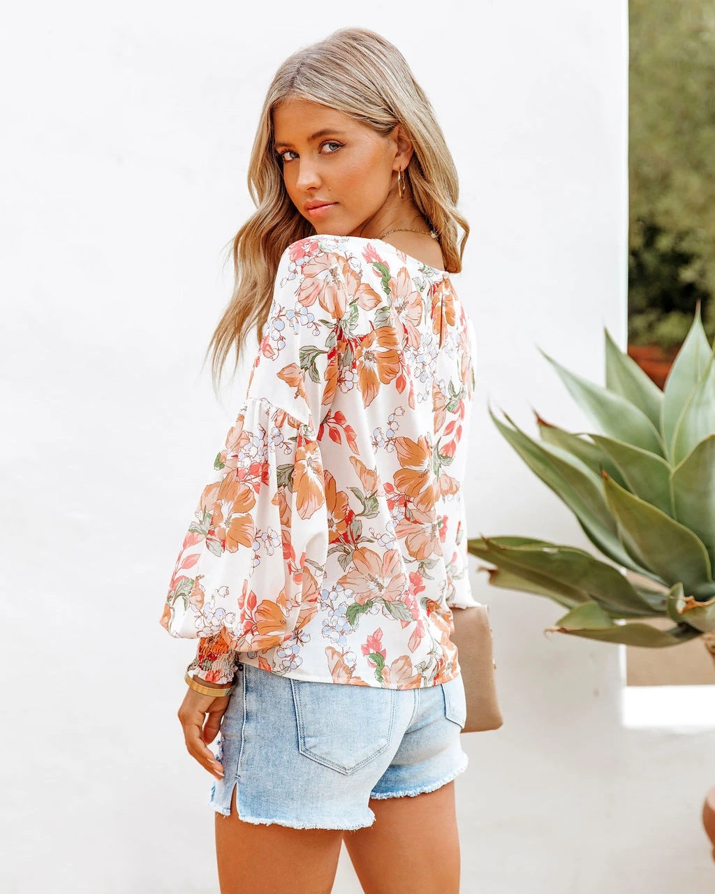 Orange Floral Long Sleeves Chiffon Blouse