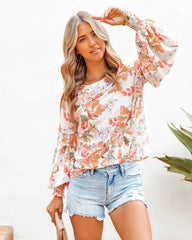 Orange Floral Long Sleeves Chiffon Blouse