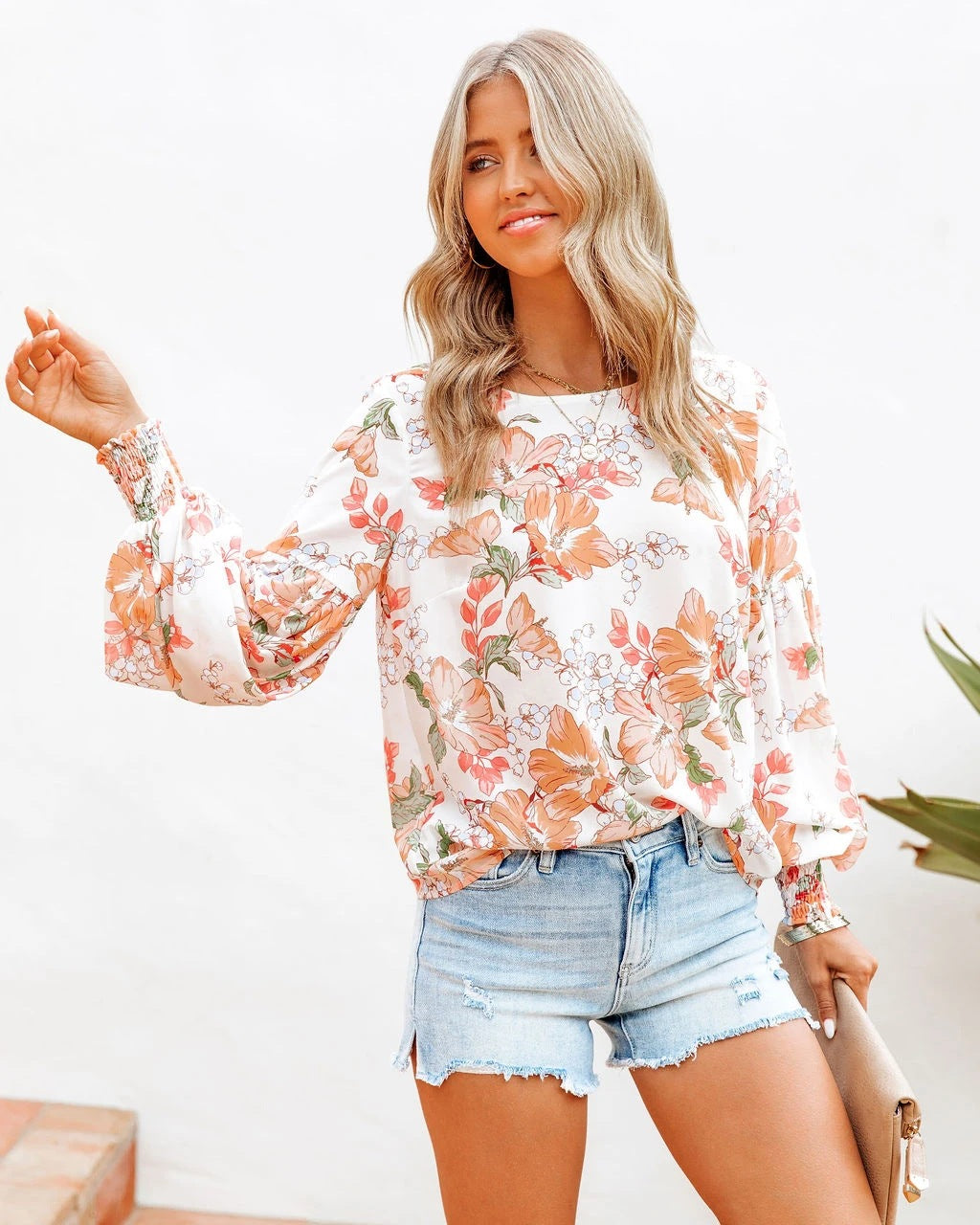 Orange Floral Long Sleeves Chiffon Blouse