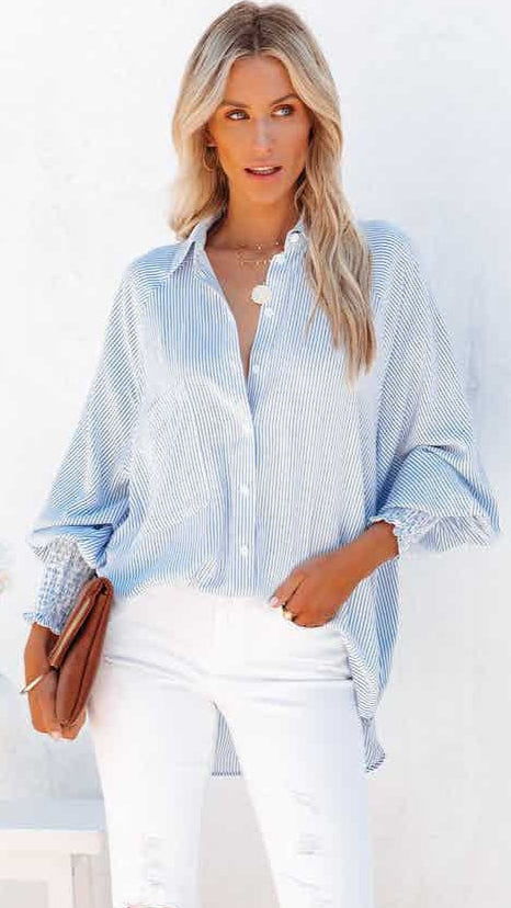 Blue Pinstripe Print Button Down Shirt