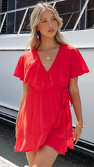 Red Surplice Wrap Dress