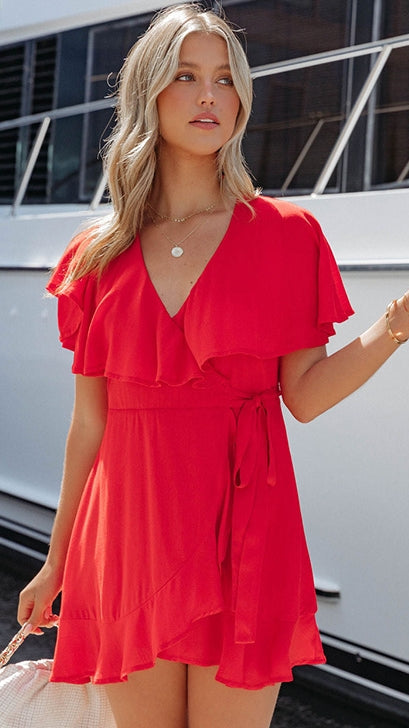 Red Surplice Wrap Dress