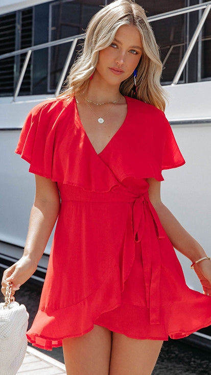 Red Surplice Wrap Dress