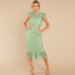 Mint Green Crocht Lace Bodycon Midi Dress