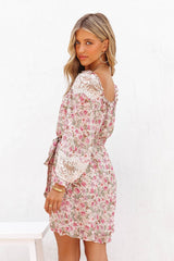 Pink Floral Long Sleeves Mini Dress