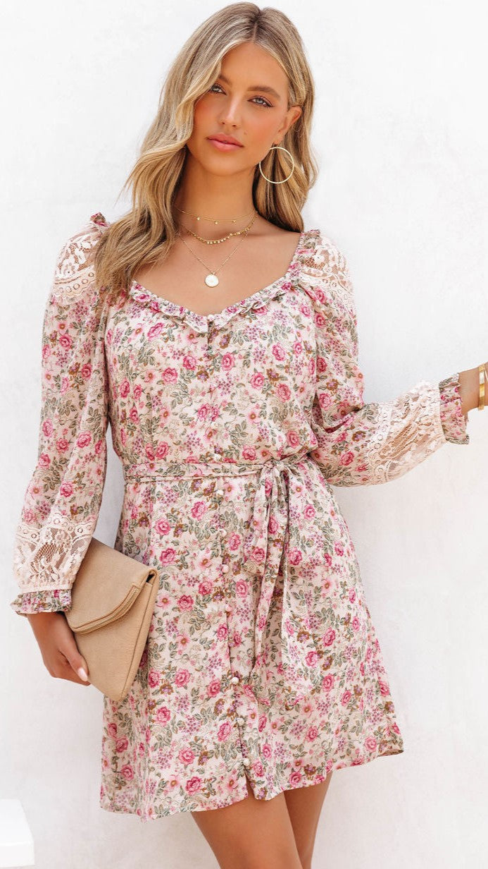 Pink Floral Long Sleeves Mini Dress