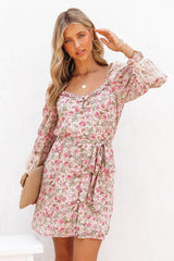 Pink Floral Long Sleeves Mini Dress