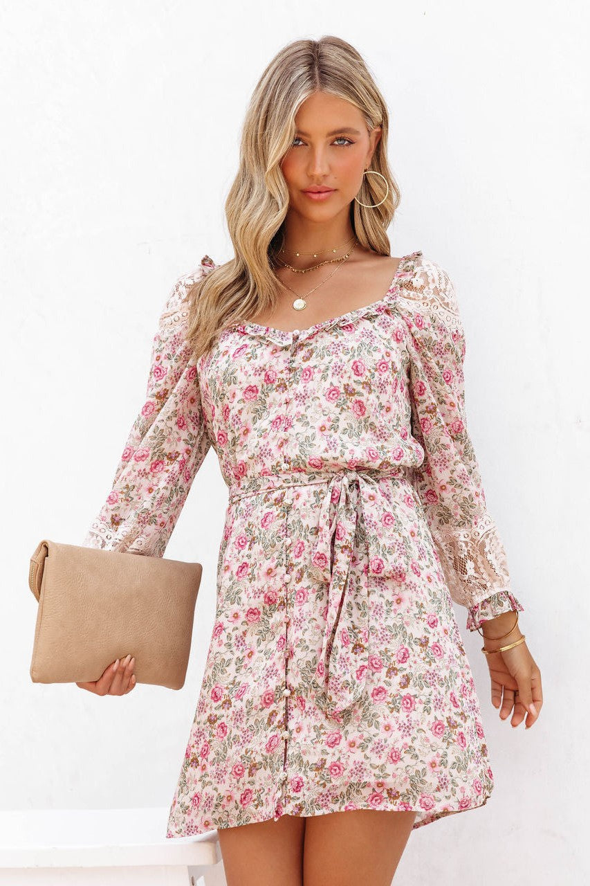 Pink Floral Long Sleeves Mini Dress