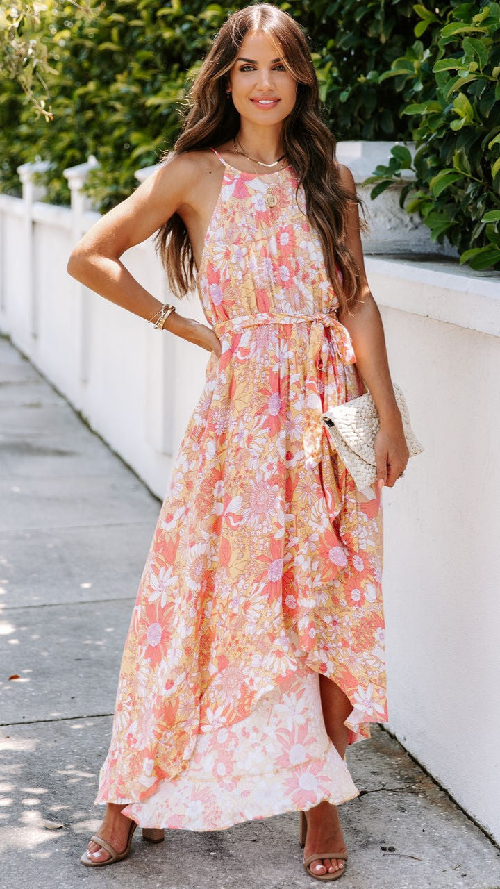 Coral Floral Sleeveless Midi Dress