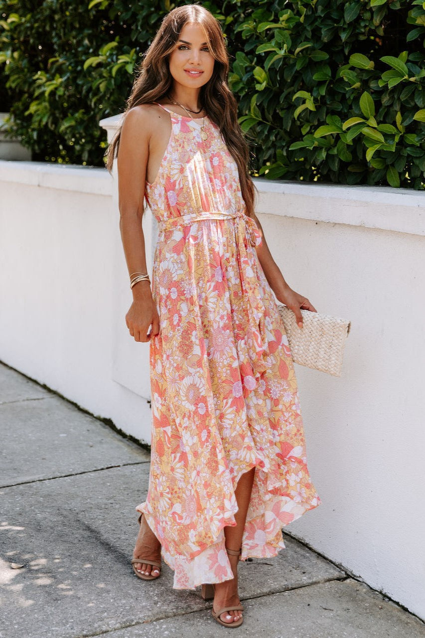 Coral Floral Sleeveless Midi Dress