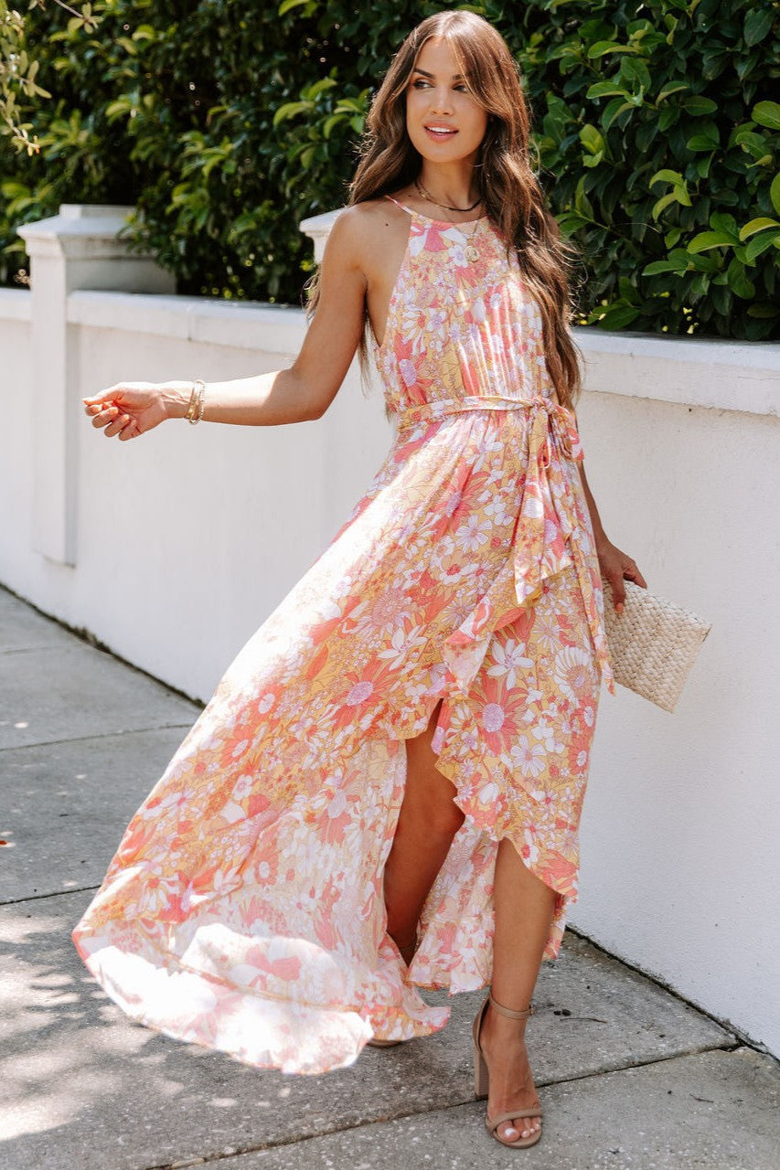 Coral Floral Sleeveless Midi Dress