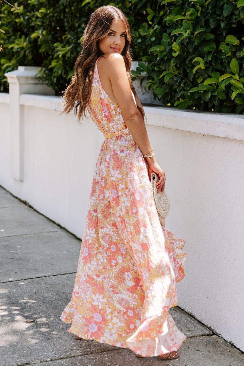 Coral Floral Sleeveless Midi Dress