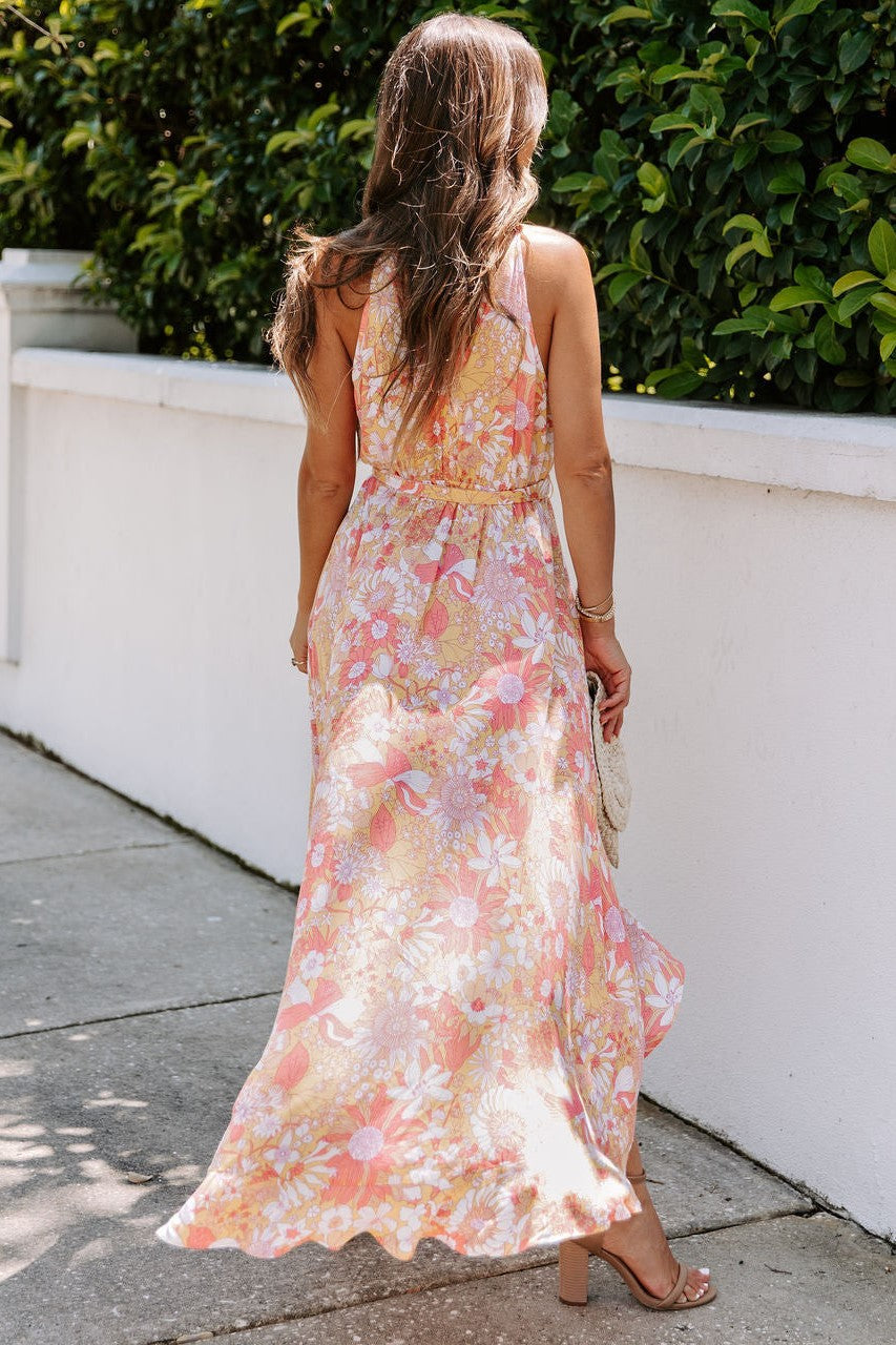 Coral Floral Sleeveless Midi Dress