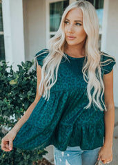 Teal Leopard Textured Short Sleeves Top