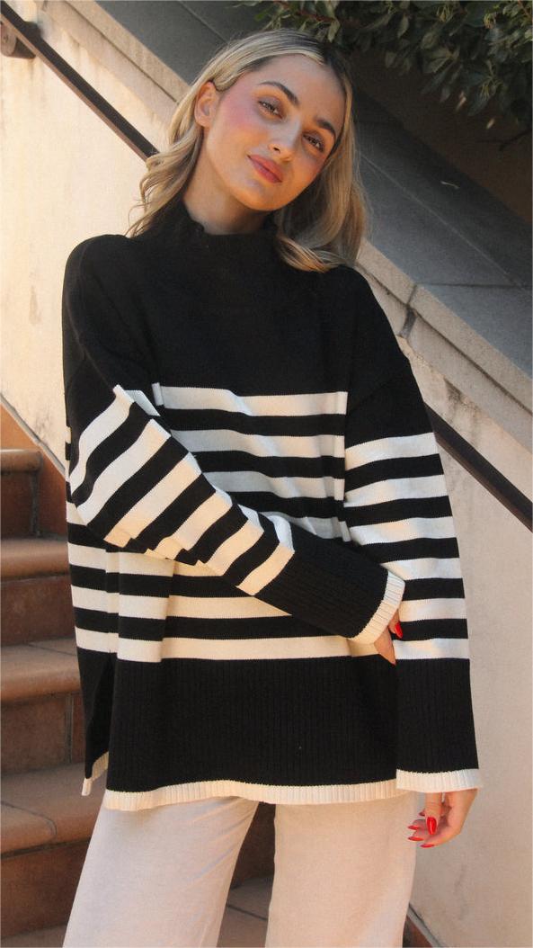 Black Striped Print Knit Sweater