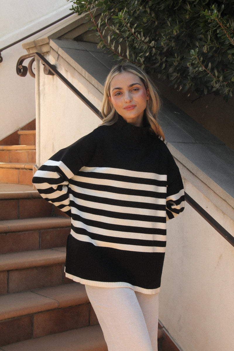 Black Striped Print Knit Sweater