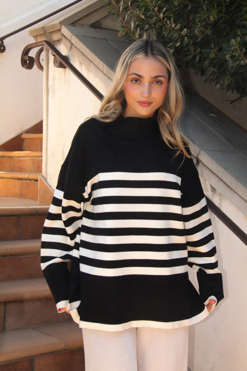 Black Striped Print Knit Sweater