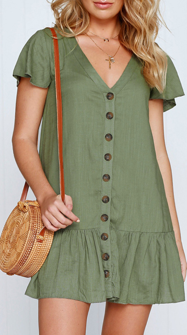 Solid Button Up Short Sleeve Dress