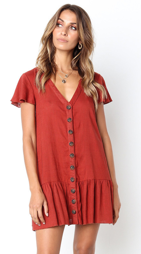 Solid Button Up Short Sleeve Dress