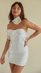 White Ruffled Strapless Bandeau Mini Dress