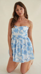 Blue Floral Strapless Mini Dress